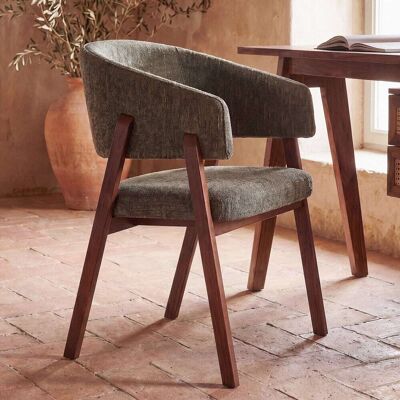 Maisons du Monde Sedia da pranzo in legno di caucciù scuro e tessuto in poliestere riciclato verde kaki 57.8x80x54cm Maisons du Monde Sedia da pranzo in legno di caucciù scuro e tessuto in poliestere riciclato verde kaki 57.8x80x54cm