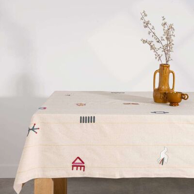 Maisons du Monde Tovaglia in cotone beige con ricami multicolore, 150x250 cm 150x250cm Maisons du Monde Tovaglia in cotone beige con ricami multicolore, 150x250 cm 150x250cm