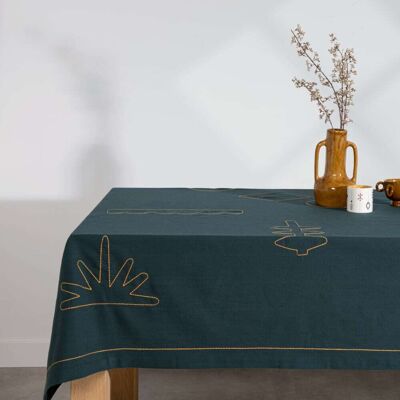 Maisons du Monde Tovaglia verde in cotone biologico con ricami multicolore, 150x250 cm 150x250cm Maisons du Monde Tovaglia verde in cotone biologico con ricami multicolore, 150x250 cm 150x250cm