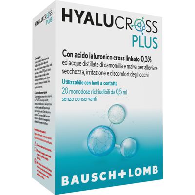 Gocce agli occhi Bausch & Lomb Hyalucross Plus - Acido ialuronico reticolato, camomilla e malva Gocce agli occhi Bausch & Lomb Hyalucross Plus - Acido ialuronico reticolato, camomilla e malva
