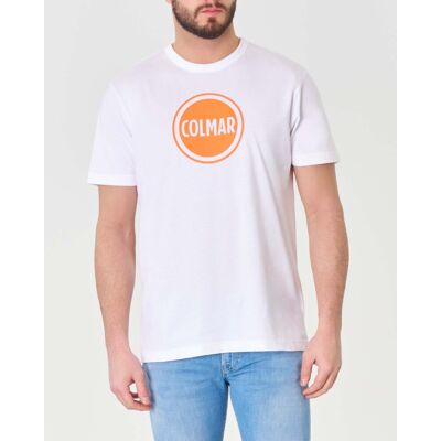 Colmar T-shirt bianca mezza manica con logo bollo arancione stampato sul petto Colmar T-shirt bianca mezza manica con logo bollo arancione stampato sul petto