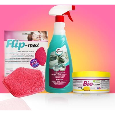 Wimexshop Calcare byebye - Bio-mex detergente universale 300g - Spugna Flip-mex - Kit pulizia Wimexshop Calcare byebye - Bio-mex detergente universale 300g - Spugna Flip-mex - Kit pulizia