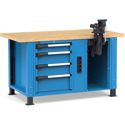 Banco da lavoro regolabile Fami Master 150cm blu con 4 cassetti, morsa e 4 prese Banco da lavoro regolabile Fami Master 150cm blu con 4 cassetti, morsa e 4 prese