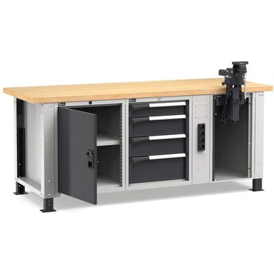 Banco da lavoro regolabile Fami Master 200cm grigio con 4 cassetti, armadio, morsa e 4 prese Banco da lavoro regolabile Fami Master 200cm grigio con 4 cassetti, armadio, morsa e 4 prese