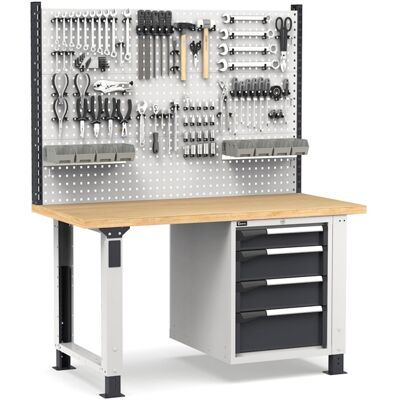 Banco da lavoro regolabile Fami Master 150cm grigio con parete attrezzata e 4 cassetti Banco da lavoro regolabile Fami Master 150cm grigio con parete attrezzata e 4 cassetti