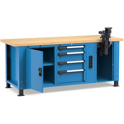 Banco da lavoro regolabile Fami Master 200cm blu con 4 cassetti, armadio, morsa e 4 prese Banco da lavoro regolabile Fami Master 200cm blu con 4 cassetti, armadio, morsa e 4 prese