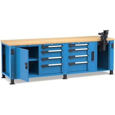 Banco da lavoro regolabile Fami Master 250cm blu con 8 cassetti, armadio, morsa e 4 prese Banco da lavoro regolabile Fami Master 250cm blu con 8 cassetti, armadio, morsa e 4 prese