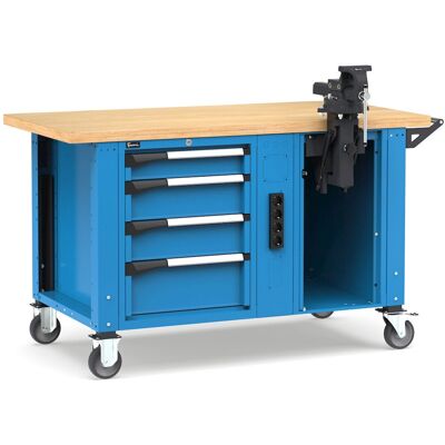 Banco da lavoro regolabile Fami Master 150cm blu con ruote, 4 cassetti, morsa e 4 prese Banco da lavoro regolabile Fami Master 150cm blu con ruote, 4 cassetti, morsa e 4 prese