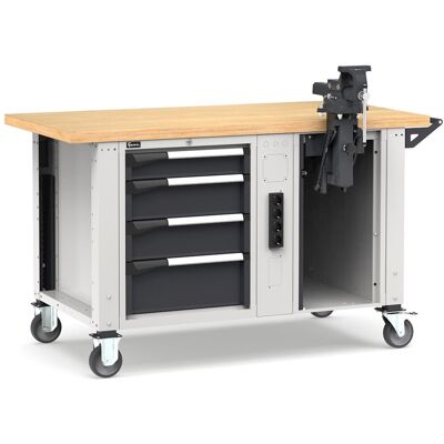 Banco da lavoro regolabile Fami Master 150cm grigio con ruote, 4 cassetti, morsa e 4 prese Banco da lavoro regolabile Fami Master 150cm grigio con ruote, 4 cassetti, morsa e 4 prese