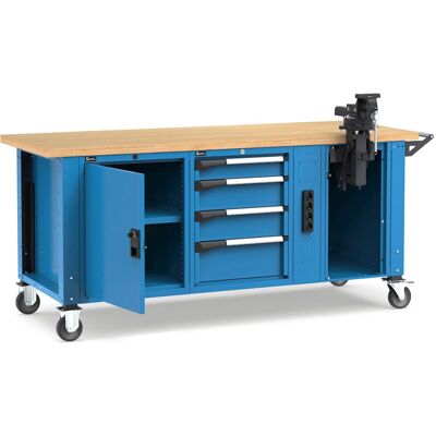 Banco da lavoro regolabile Fami Master 200cm blu con ruote, 4 cassetti, armadio, morsa e 4 prese Banco da lavoro regolabile Fami Master 200cm blu con ruote, 4 cassetti, armadio, morsa e 4 prese