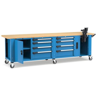 Banco da lavoro regolabile Fami Master 300cm blu con ruote, 8 cassetti, armadio, morsa e 4 prese Banco da lavoro regolabile Fami Master 300cm blu con ruote, 8 cassetti, armadio, morsa e 4 prese