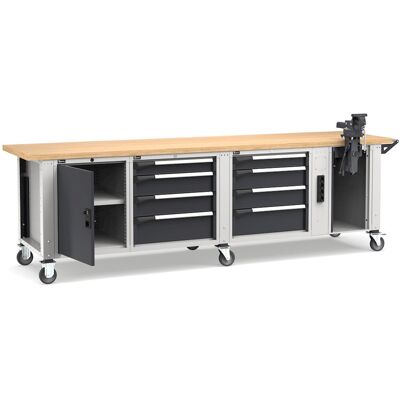 Banco da lavoro regolabile Fami Master 300cm grigio con ruote, 8 cassetti, armadio, morsa e 4 prese Banco da lavoro regolabile Fami Master 300cm grigio con ruote, 8 cassetti, armadio, morsa e 4 prese