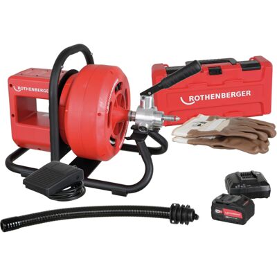 Rothenberger macchina disotturatrice Rodrum VarioClean batteria, caricabatteria e spirale 13mmx15mt Rothenberger macchina disotturatrice Rodrum VarioClean batteria, caricabatteria e spirale 13mmx15mt