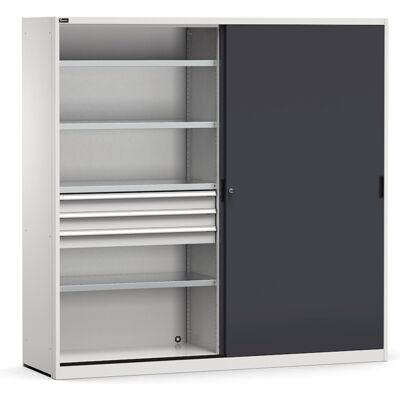 Armadio officina Fami Perfom 2040x600x2000mm con ante scorrevoli, 8 ripiani fessurati e 6 cassetti Armadio officina Fami Perfom 2040x600x2000mm con ante scorrevoli, 8 ripiani fessurati e 6 cassetti