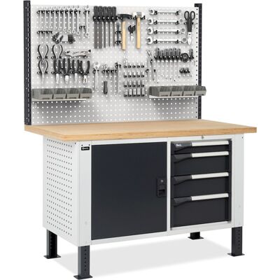 Banco da lavoro regolabile Fami Master BR 150cm piano legno, cassettiera, armadio e parete forata Banco da lavoro regolabile Fami Master BR 150cm piano legno, cassettiera, armadio e parete forata