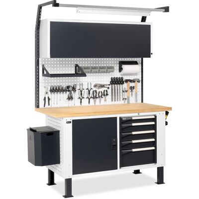 Banco da lavoro regolabile Fami MASTERBR1507 150cm con armadio, cassettiera e pensile vasistas Banco da lavoro regolabile Fami MASTERBR1507 150cm con armadio, cassettiera e pensile vasistas