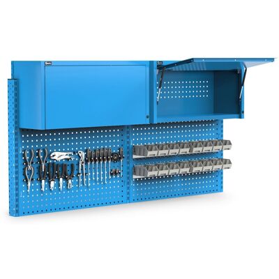 Parete attrezzata Fami Work Look 2000x373x1063mm blu con 2 pensili, 16 contenitori e 60 ganci Parete attrezzata Fami Work Look 2000x373x1063mm blu con 2 pensili, 16 contenitori e 60 ganci
