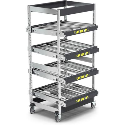 Scaffale dinamico a rulli Fami Kanban FIFO ST1103 1118x1009x2164mm a 4 telai inclinati con ruote Scaffale dinamico a rulli Fami Kanban FIFO ST1103 1118x1009x2164mm a 4 telai inclinati con ruote