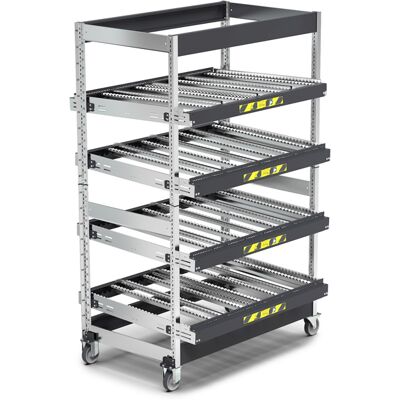 Scaffale dinamico a rulli Fami Kanban FIFO ST1403 1418x1009x2164mm a 4 telai inclinati con ruote Scaffale dinamico a rulli Fami Kanban FIFO ST1403 1418x1009x2164mm a 4 telai inclinati con ruote