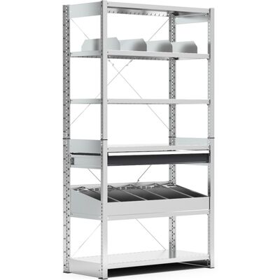 Scaffale Fami ST1024 1057x521x2011mm con 6 piani, divisori per contenitori 4A5 e cassetto Scaffale Fami ST1024 1057x521x2011mm con 6 piani, divisori per contenitori 4A5 e cassetto