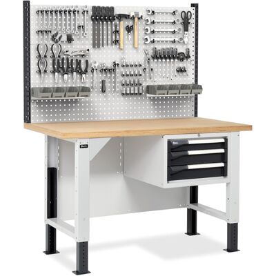 Banco da lavoro regolabile Fami Master BR 150cm piano in legno, 3 cassetti e parete forata Banco da lavoro regolabile Fami Master BR 150cm piano in legno, 3 cassetti e parete forata