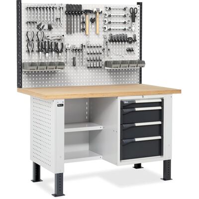 Banco da lavoro regolabile Fami Master BR 150cm piano legno, 4 cassetti, semipiani e parete forata Banco da lavoro regolabile Fami Master BR 150cm piano legno, 4 cassetti, semipiani e parete forata