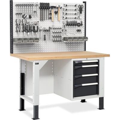 Banco da lavoro regolabile Fami Master BR 150cm piano in legno, 4 cassetti e parete forata Banco da lavoro regolabile Fami Master BR 150cm piano in legno, 4 cassetti e parete forata