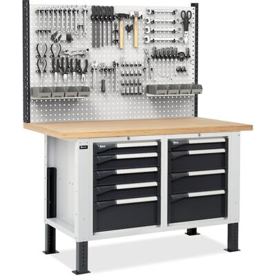 Banco da lavoro regolabile Fami Master BR 150cm piano legno, 2 cassettiere e parete forata Banco da lavoro regolabile Fami Master BR 150cm piano legno, 2 cassettiere e parete forata