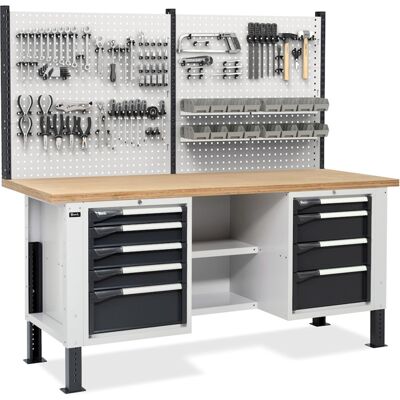 Banco da lavoro regolabile Fami Master BR 200cm piano legno, 2 cassettiere e parete forata Banco da lavoro regolabile Fami Master BR 200cm piano legno, 2 cassettiere e parete forata