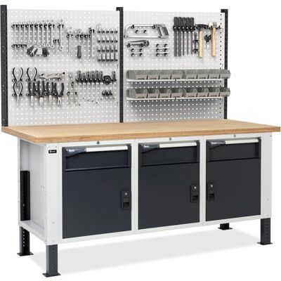 Banco da lavoro regolabile Fami Master BR 200cm 3 armadi con cassetto/porta e parete forata Banco da lavoro regolabile Fami Master BR 200cm 3 armadi con cassetto/porta e parete forata