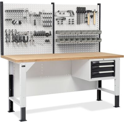 Banco da lavoro regolabile Fami Master BR 200cm piano in legno, 3 cassetti e parete forata Banco da lavoro regolabile Fami Master BR 200cm piano in legno, 3 cassetti e parete forata