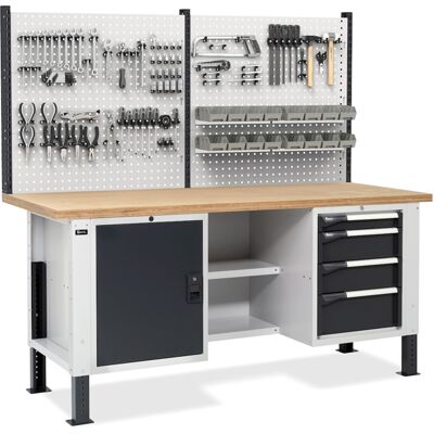 Banco da lavoro regolabile Fami Master BR 200cm piano in legno 4 cassetti, armadio e parete forata Banco da lavoro regolabile Fami Master BR 200cm piano in legno 4 cassetti, armadio e parete forata