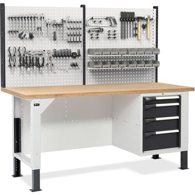 Banco da lavoro regolabile Fami Master BR 200cm piano in legno, 4 cassetti e parete forata Banco da lavoro regolabile Fami Master BR 200cm piano in legno, 4 cassetti e parete forata