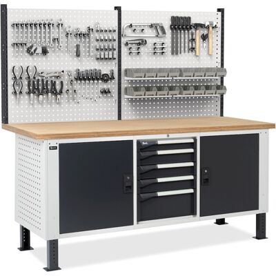 Banco da lavoro regolabile Fami Master BR 200cm piano legno, 4 cassetti, 2 armadi e parete forata Banco da lavoro regolabile Fami Master BR 200cm piano legno, 4 cassetti, 2 armadi e parete forata