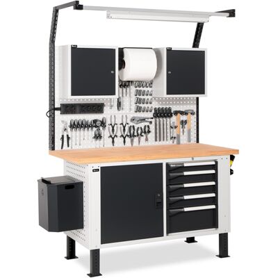 Banco da lavoro regolabile Fami MASTERBR1508 150cm con armadio, cassettiera e pensili vasistas Banco da lavoro regolabile Fami MASTERBR1508 150cm con armadio, cassettiera e pensili vasistas