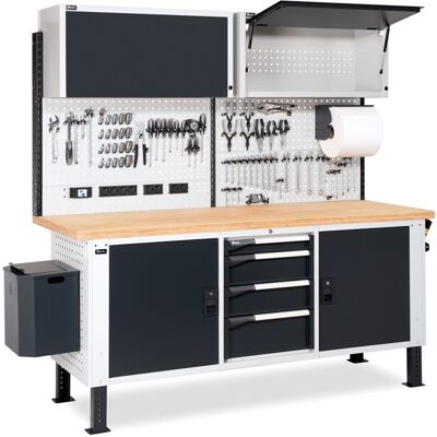 Banco da lavoro regolabile Fami MASTERBR2007 200cm con piano legno e pensili vasistas Banco da lavoro regolabile Fami MASTERBR2007 200cm con piano legno e pensili vasistas