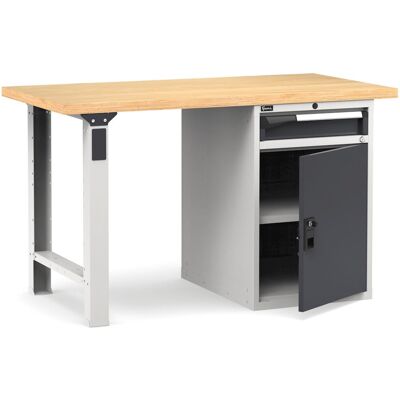 Banco da lavoro Fami Master 150cm grigio con piano in legno, armadio e cassetto Banco da lavoro Fami Master 150cm grigio con piano in legno, armadio e cassetto