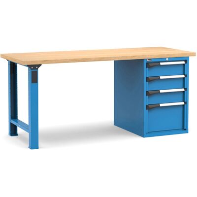Banco da lavoro Fami Master 200cm blu con piano in legno e armadio a 4 cassetti Banco da lavoro Fami Master 200cm blu con piano in legno e armadio a 4 cassetti