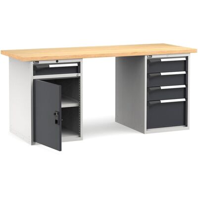 Banco da lavoro Fami Master 200cm grigio con piano in legno, porta e 5 cassetti Banco da lavoro Fami Master 200cm grigio con piano in legno, porta e 5 cassetti