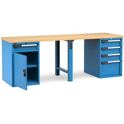 Banco da lavoro Fami Master 250cm blu con piano in legno, porta e 5 cassetti Banco da lavoro Fami Master 250cm blu con piano in legno, porta e 5 cassetti