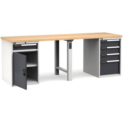 Banco da lavoro Fami Master 250cm grigio con piano in legno, porta e 5 cassetti Banco da lavoro Fami Master 250cm grigio con piano in legno, porta e 5 cassetti