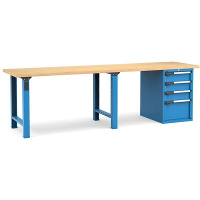 Banco da lavoro Fami Master 300cm blu con piano in legno e armadio a 4 cassetti Banco da lavoro Fami Master 300cm blu con piano in legno e armadio a 4 cassetti