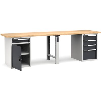 Banco da lavoro Fami Master 300cm grigio con piano in legno, porta e 5 cassetti Banco da lavoro Fami Master 300cm grigio con piano in legno, porta e 5 cassetti