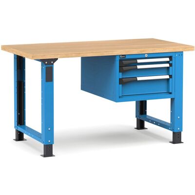 Banco da lavoro regolabile Fami Master 150cm blu con piano in legno e 3 cassetti Banco da lavoro regolabile Fami Master 150cm blu con piano in legno e 3 cassetti