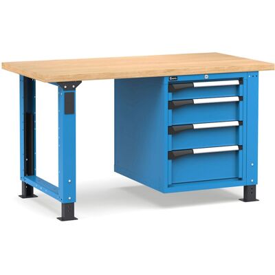 Banco da lavoro regolabile Fami Master 150cm blu con piano in legno e armadio a 4 cassetti Banco da lavoro regolabile Fami Master 150cm blu con piano in legno e armadio a 4 cassetti