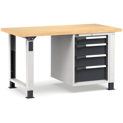 Banco da lavoro regolabile Fami Master 150cm grigio con piano in legno e armadio a 4 cassetti Banco da lavoro regolabile Fami Master 150cm grigio con piano in legno e armadio a 4 cassetti