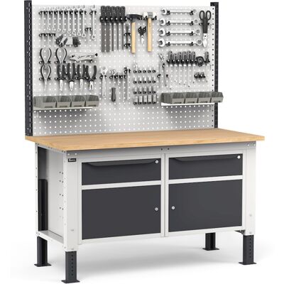 Banco da lavoro regolabile Fami WORK1532 150cm, piano legno, 2 cassetti, 2 armadi e parete forata Banco da lavoro regolabile Fami WORK1532 150cm, piano legno, 2 cassetti, 2 armadi e parete forata