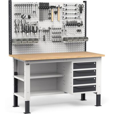 Banco da lavoro regolabile Fami WORK1530 150cm, piano legno, 4 cassetti, semipiano e parete forata Banco da lavoro regolabile Fami WORK1530 150cm, piano legno, 4 cassetti, semipiano e parete forata