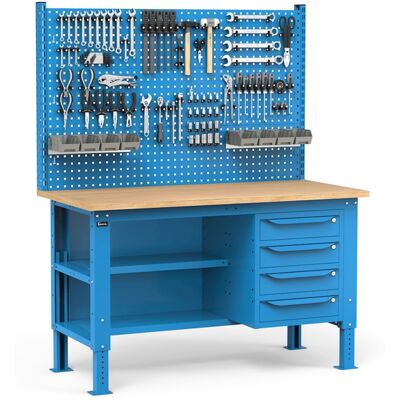Banco da lavoro regolabile Fami WORK1536 150cm, piano legno, 4 cassetti, semipiano e parete forata Banco da lavoro regolabile Fami WORK1536 150cm, piano legno, 4 cassetti, semipiano e parete forata