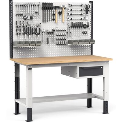 Banco da lavoro regolabile Fami WORK1528 150cm, piano in legno, cassetto e parete forata Banco da lavoro regolabile Fami WORK1528 150cm, piano in legno, cassetto e parete forata
